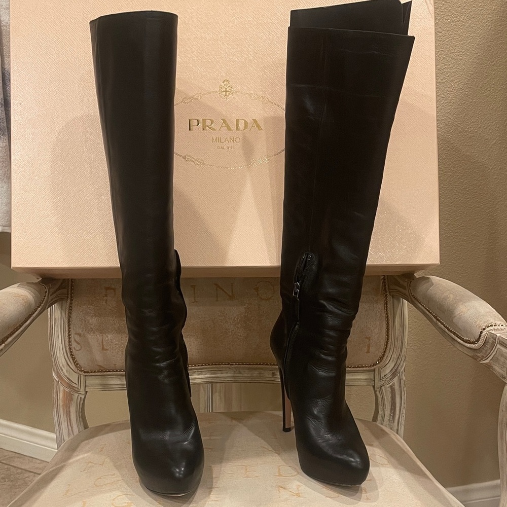 Prada Black Leather knee High Stiletto Boots